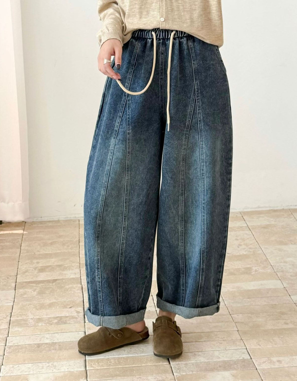 Women’s Relaxed Wide Leg Jeans – Dark Denim Drawstring Waist Pants