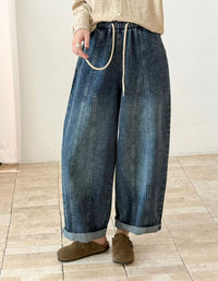 Women’s Relaxed Wide Leg Jeans – Dark Denim Drawstring Waist Pants