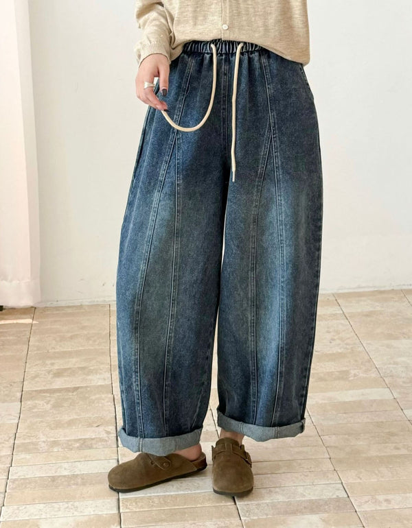 Women’s Relaxed Wide Leg Jeans – Dark Denim Drawstring Waist Pants