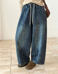 Women’s Wide Leg Denim Pants – Drawstring Waist Relaxed Fit Jeans