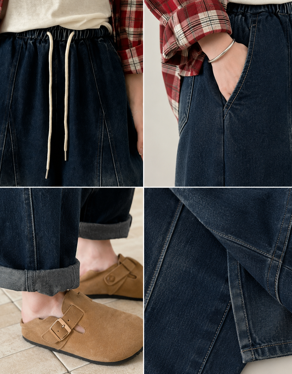 Women’s Dark Denim Wide Leg Pants – Drawstring High Waist Jeans