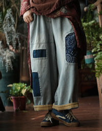 Women Vintage Patchwork Pants Loose Casual Wide Leg