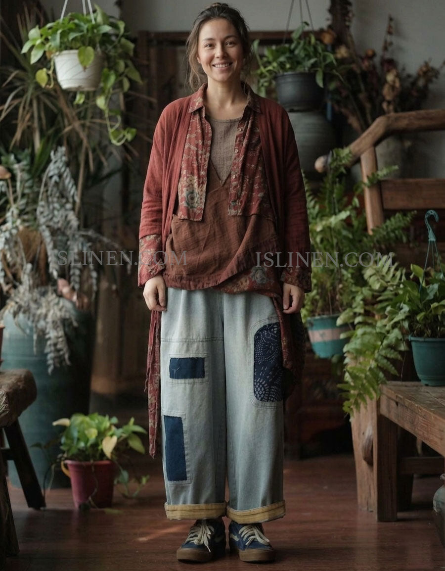 Boho Patchwork Wide Leg Pants Women Loose Fit Style