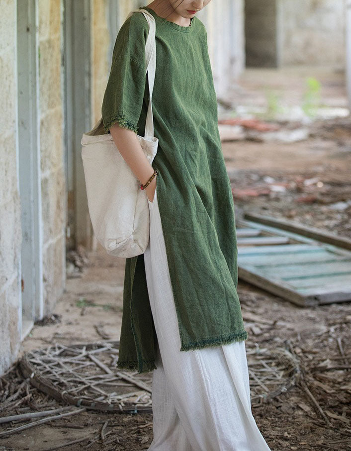 Korean style oversized green linen tunic women fashion