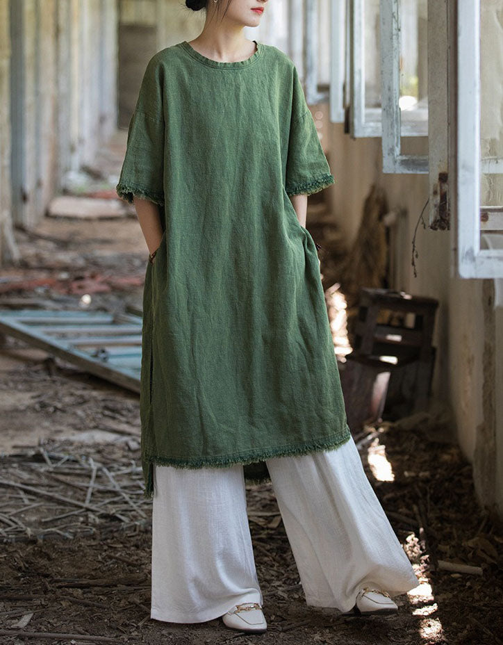 Breathable green linen dress for women summer wear