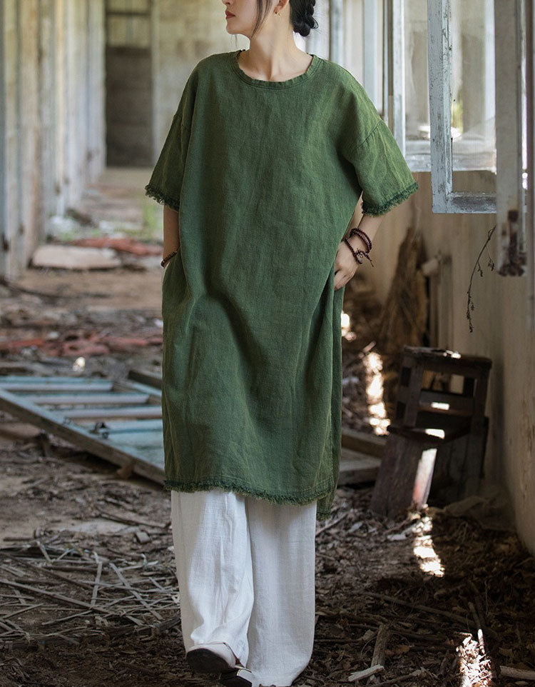 Vintage minimalist women’s green linen midi tunic dress