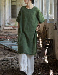 Vintage minimalist women’s green linen midi tunic dress