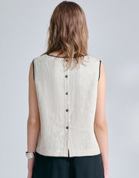 Women wearing minimalist sleeveless linen tank top in neutral beige color