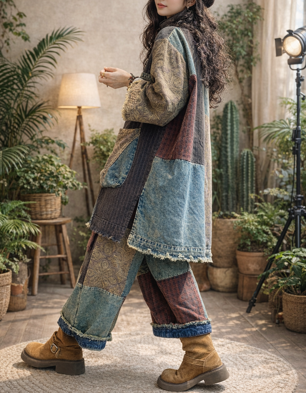 women’s oversized denim blouse with pockets patchwork design