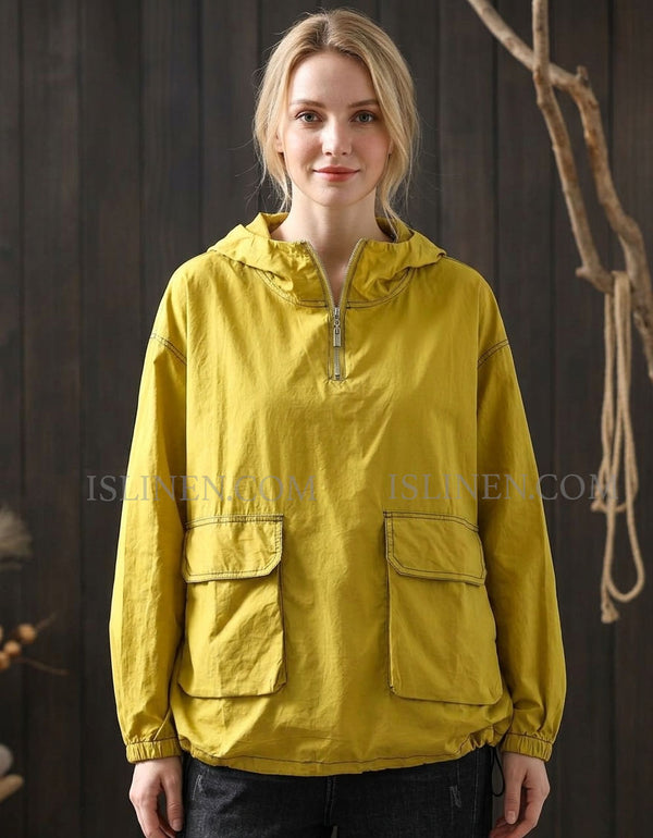 Yellow Oversized Hoodie Jacket with Pockets for Women