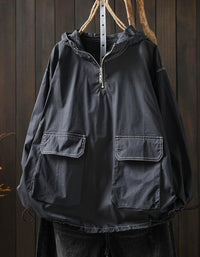 Loose Fit Black Hoodie Jacket | Pocket & Drawstring Style