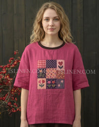 Women's Vintage Patchwork Cotton Linen Top – Oversized Casual Blouse