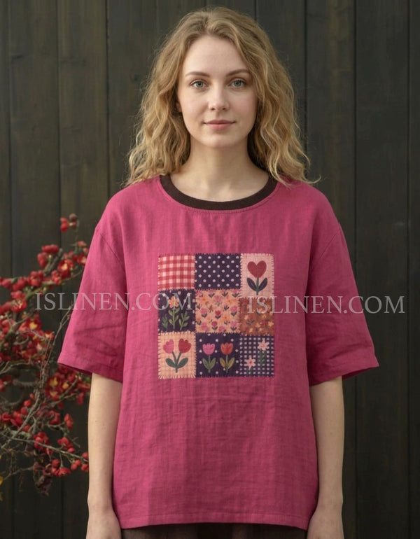 Women's Vintage Patchwork Cotton Linen Top – Oversized Casual Blouse