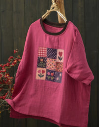 Women's Floral Patchwork Linen T-Shirt – Relaxed Fit Vintage Summer Top