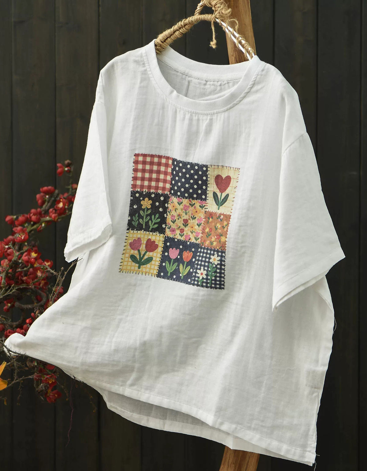 Vintage Cotton Linen Graphic Tee for Women – Oversized Casual Blouse