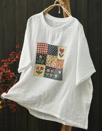 Vintage Cotton Linen Graphic Tee for Women – Oversized Casual Blouse