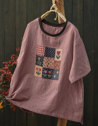Women's Boho Patchwork Print Linen Shirt – Loose Fit Everyday Top