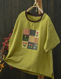 Women's Cotton Linen Oversized T-Shirt – Vintage Floral Patchwork Tee