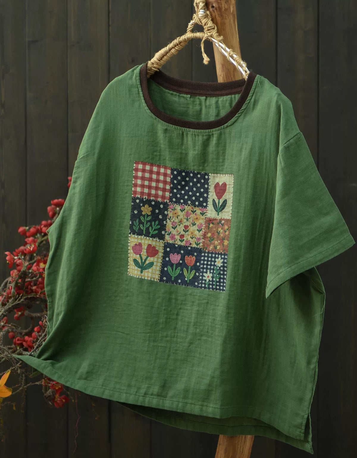 Women's Casual Linen Blend Graphic Top – Vintage Patchwork Blouse