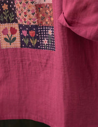 Women's Japanese Style Linen T-Shirt – Oversized Patchwork Print Top