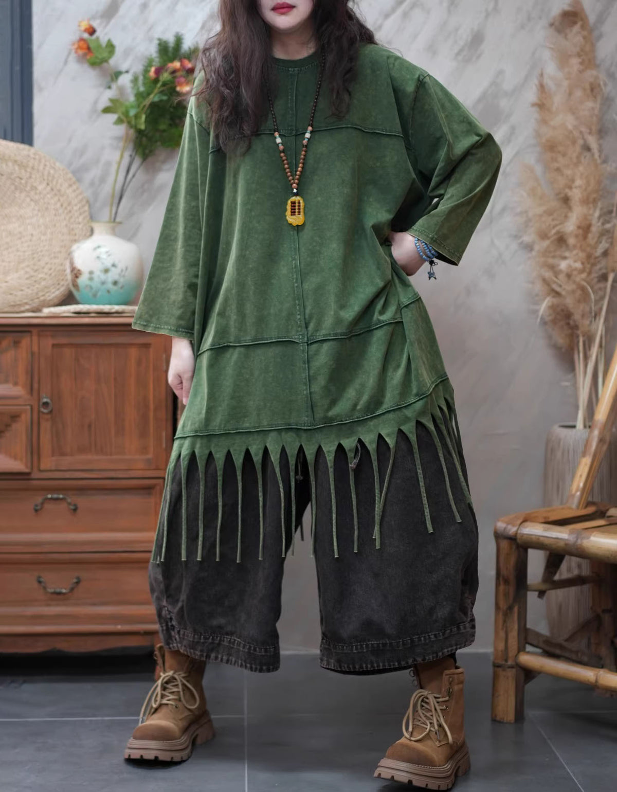 Vintage green oversized tunic top fringe deta