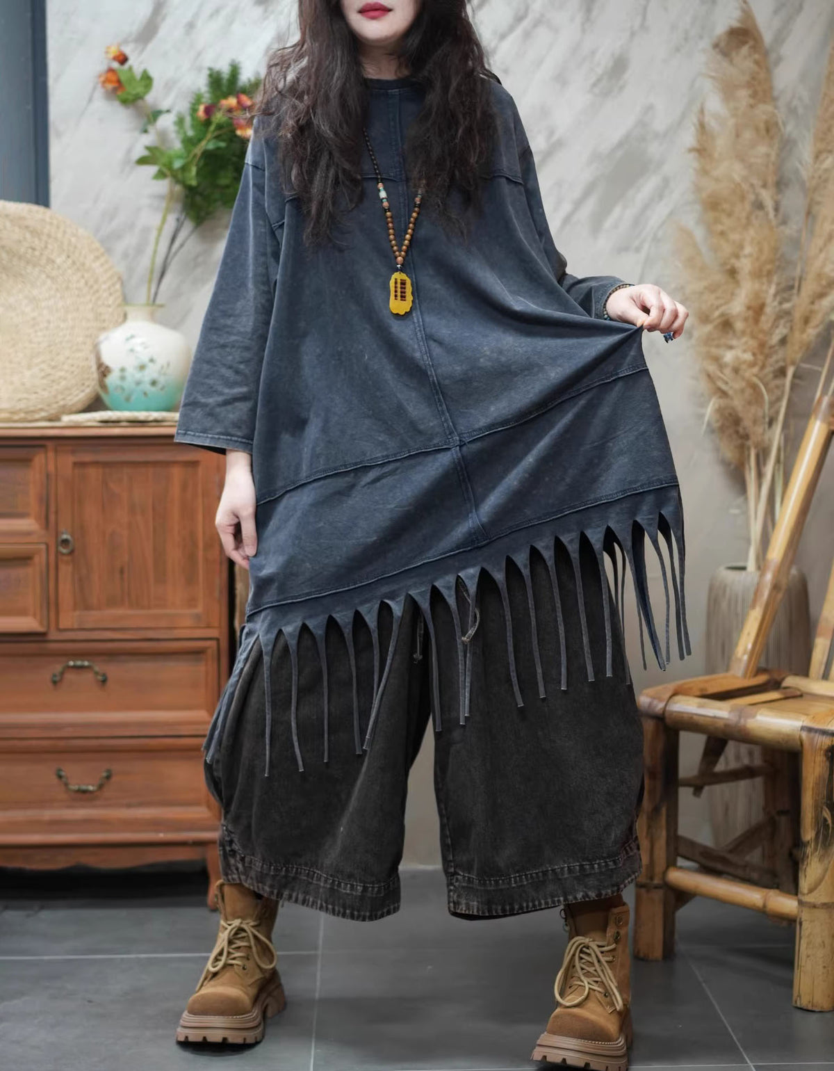 Boho blue fringe hem tunic top oversized style
