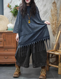 Boho blue fringe hem tunic top oversized style