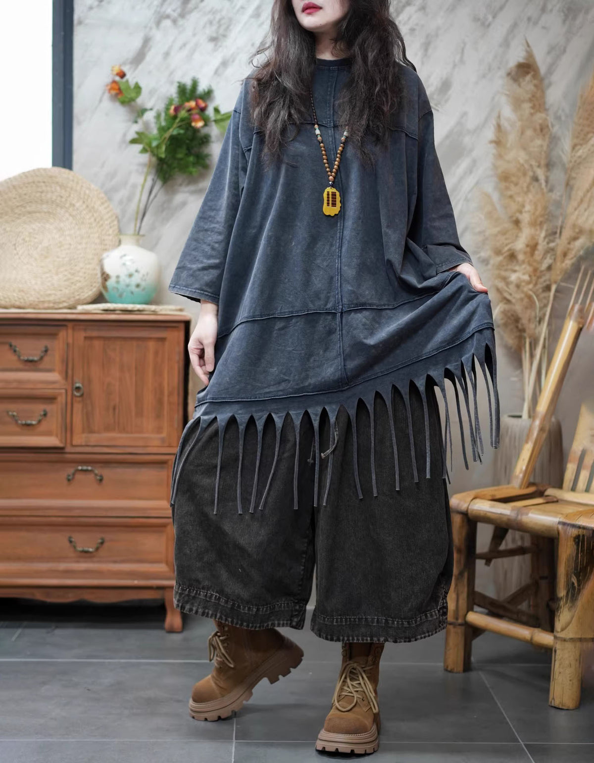 Casual blue loose tunic top women daily wear