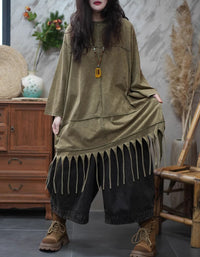Women khaki tunic top round neck wide sleeve