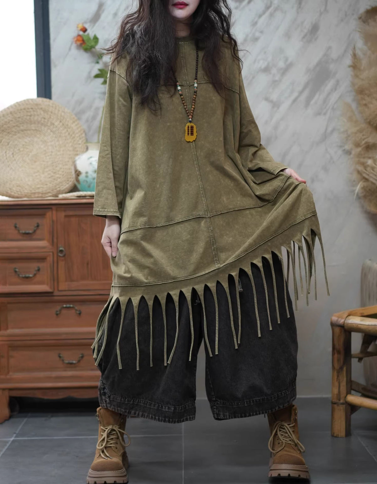 Relaxed fit khaki tunic top women boho fashion