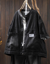 Women Oversized Vintage Short Sleeve Denim Shirt