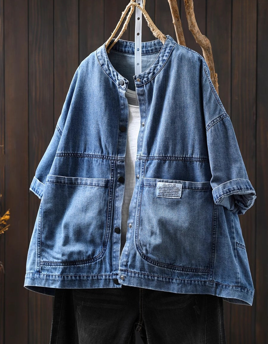 Women Oversized Vintage Short Sleeve Denim Shirt