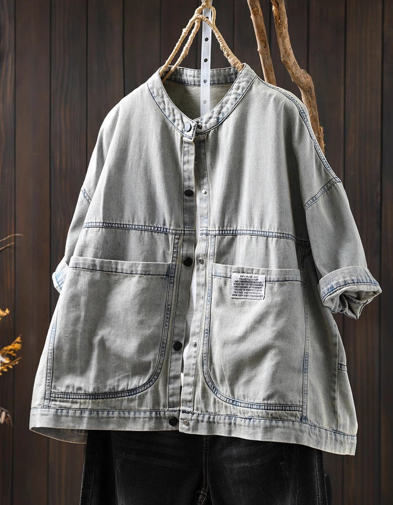 Women Oversized Vintage Short Sleeve Denim Shirt