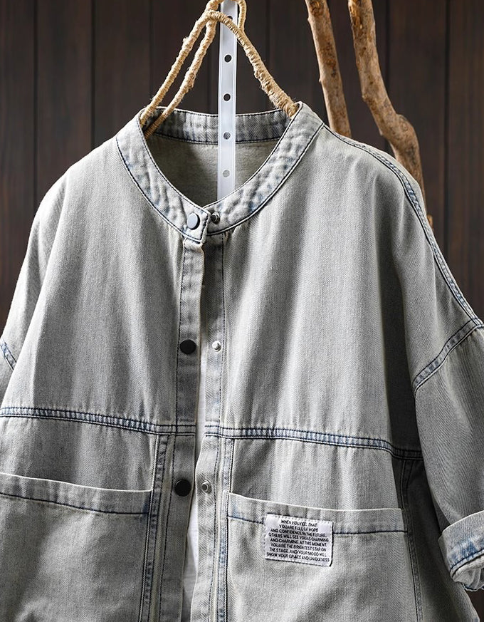Women Oversized Vintage Short Sleeve Denim Shirt