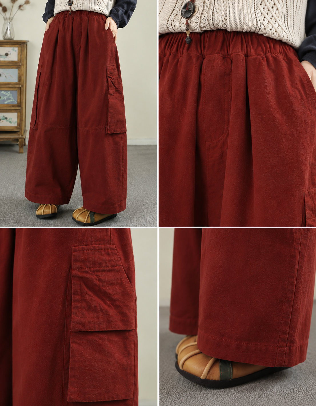 Women’s vintage-inspired burgundy cargo trousers