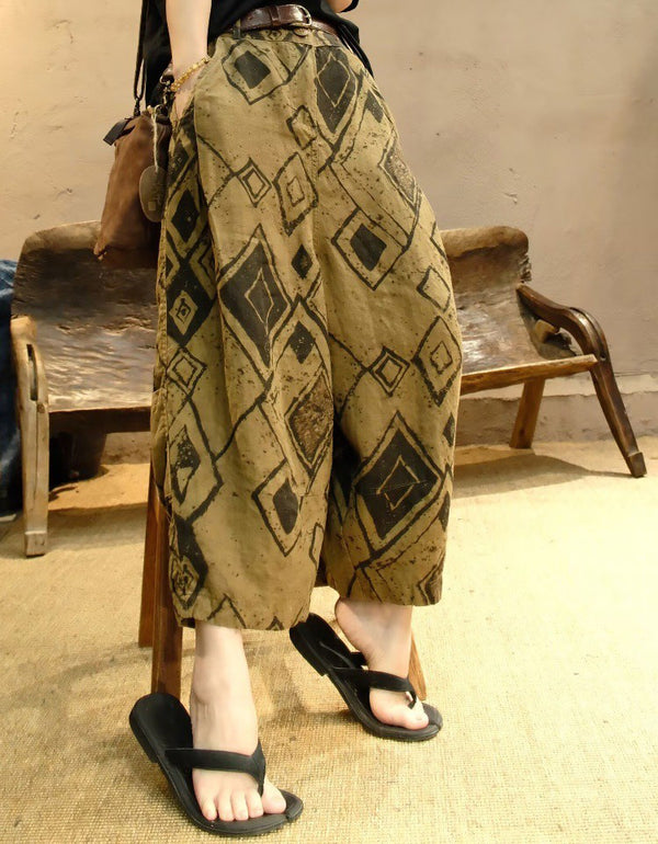 Women Relaxed Fit Diamond Pattern Linen Pants
