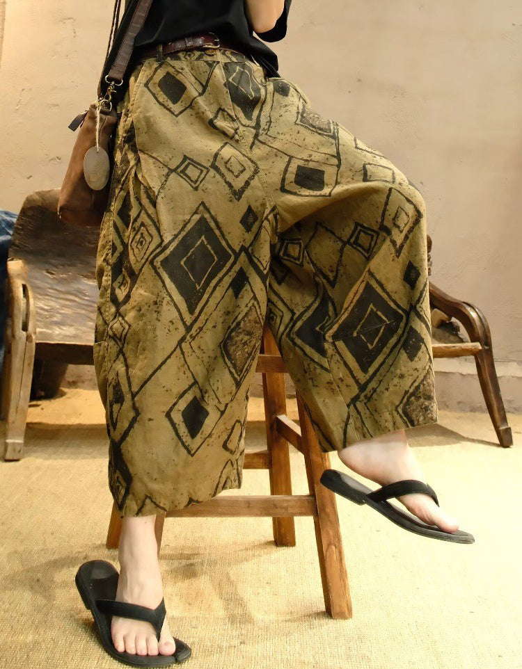 Women Relaxed Fit Diamond Pattern Linen Pants
