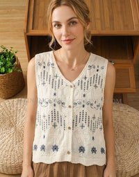 Women’s Boho Embroidered Vest Top – Vintage Sleeveless Cotton Lace Button Front Blouse