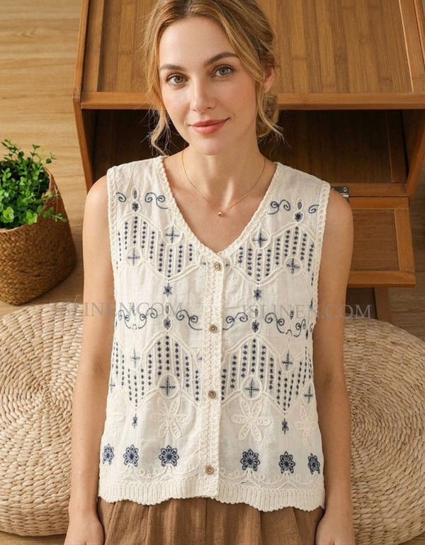 Women’s Boho Embroidered Vest Top – Vintage Sleeveless Cotton Lace Button Front Blouse