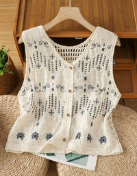 Vintage Embroidered Sleeveless Top for Women – Bohemian Cotton Lace Vest Shirt