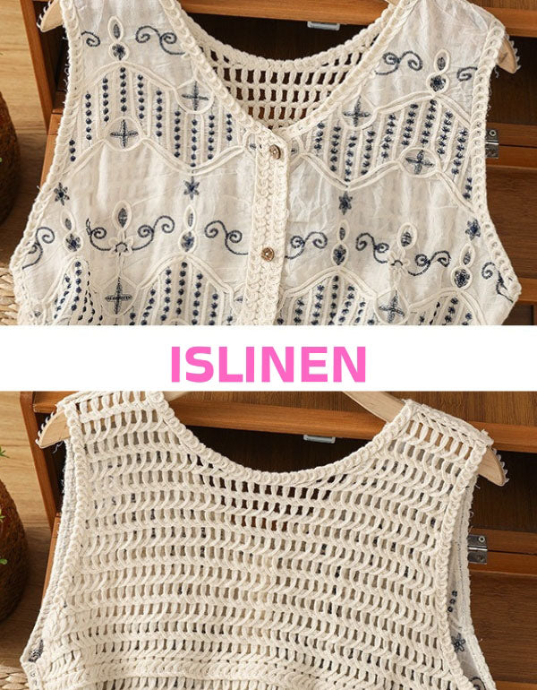 Retro Boho Sleeveless Blouse – Cotton Embroidered Button Front Vest Top