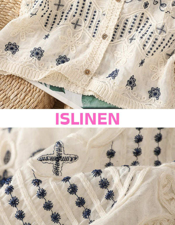Women’s boho embroidered sleeveless vest top with lace and button front
