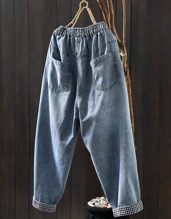 Women Floral Embroidery Denim Harem Pants