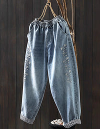 Women Floral Embroidery Denim Harem Pants
