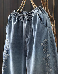 Women Floral Embroidery Denim Harem Pants
