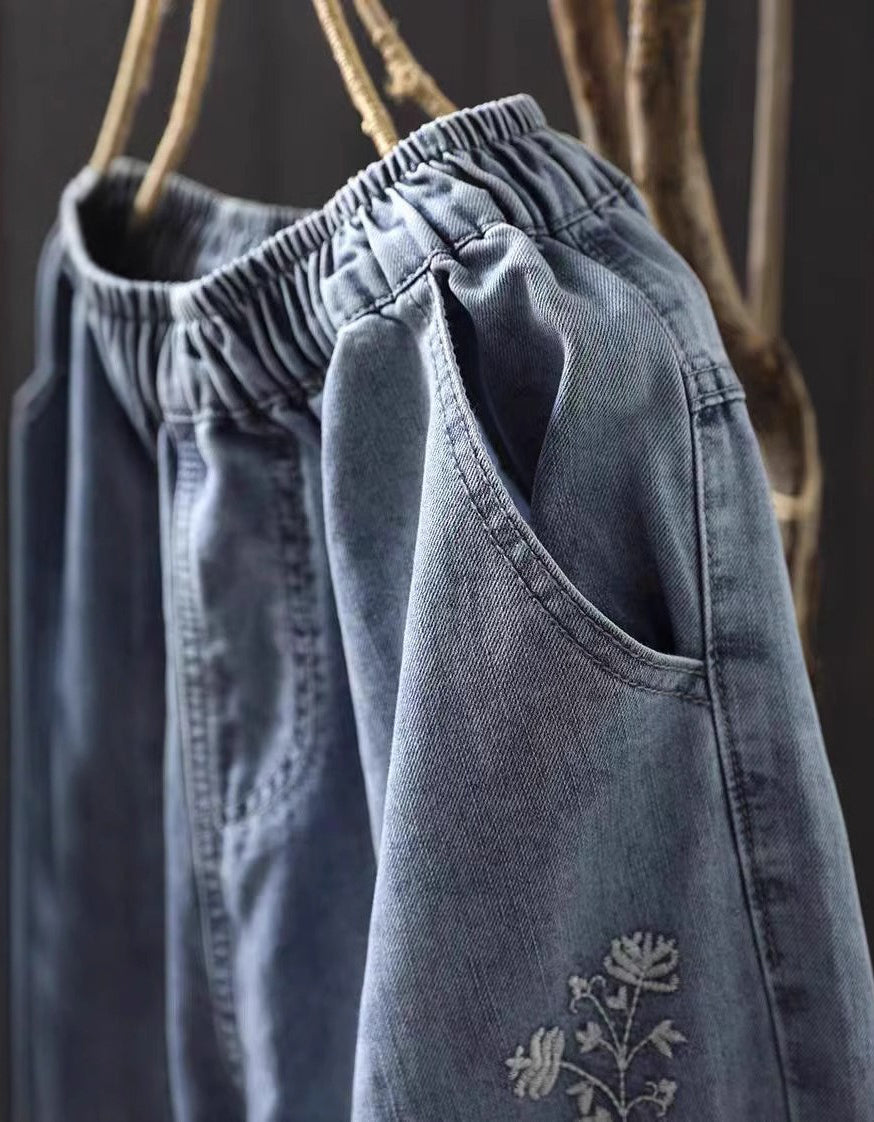 Women Floral Embroidery Denim Harem Pants