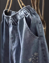 Women Floral Embroidery Denim Harem Pants