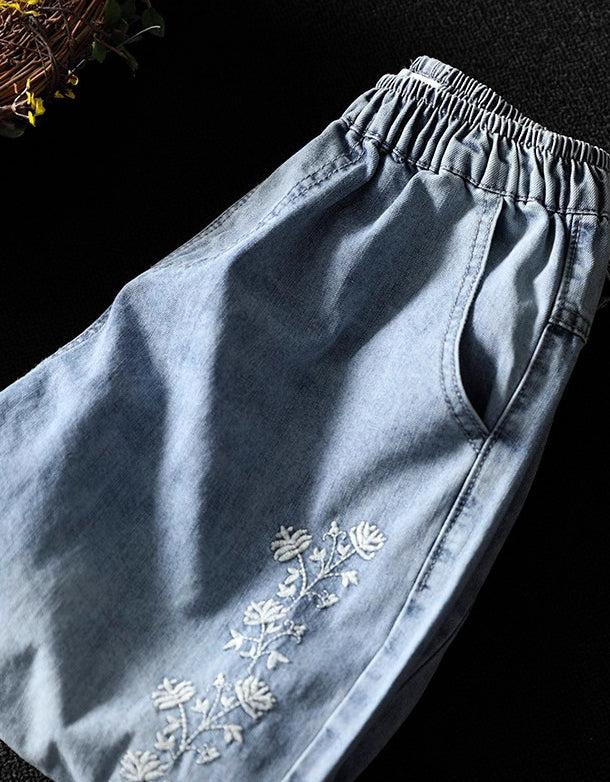 Women Floral Embroidery Denim Harem Pants