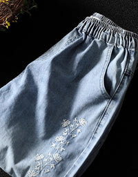 Women Floral Embroidery Denim Harem Pants