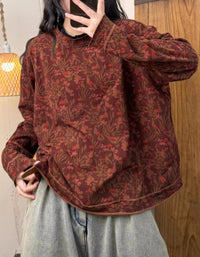 Women Retro Floral Long Sleeve Cotton Shirt